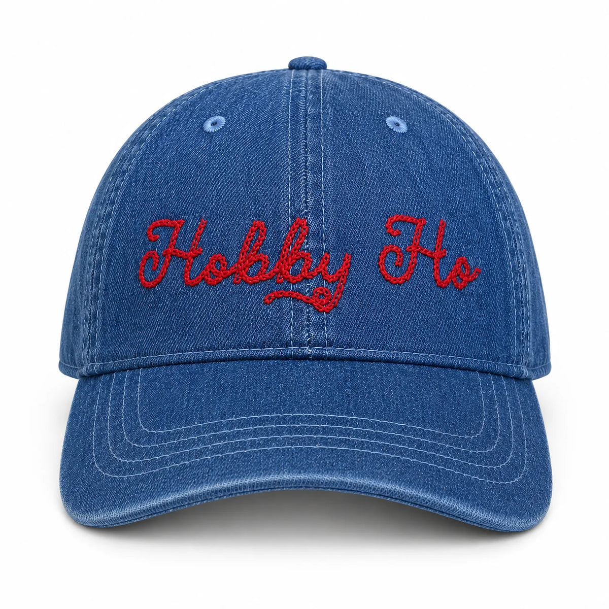 Hobby Ho- Medium Denim Hat, Red Chain Stitch