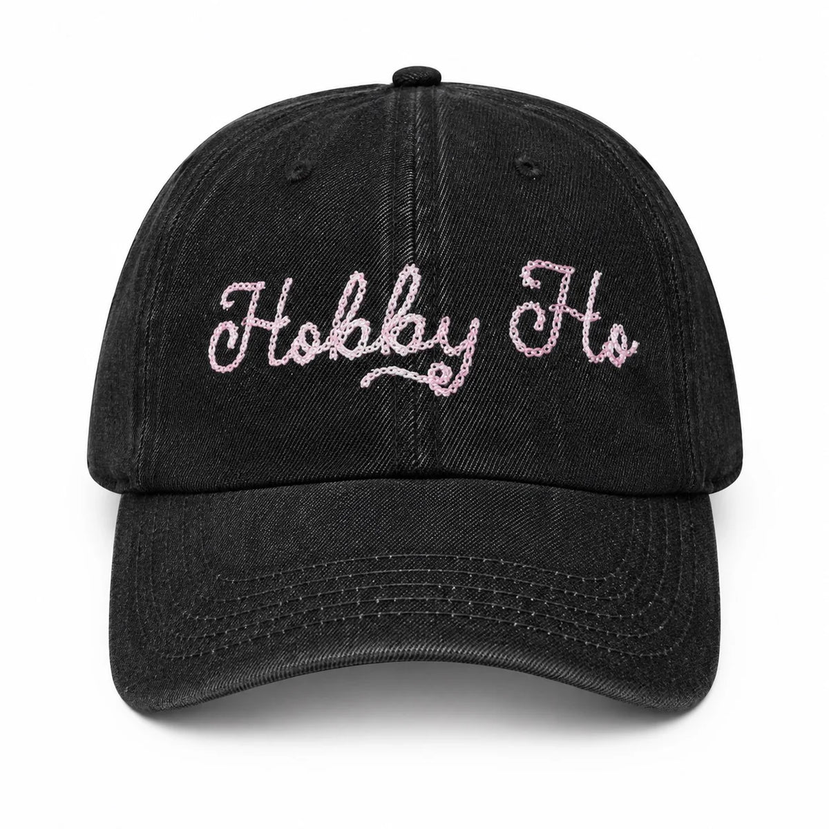 Hobby Ho- Black Denim Hat, Pink Chain Stitch