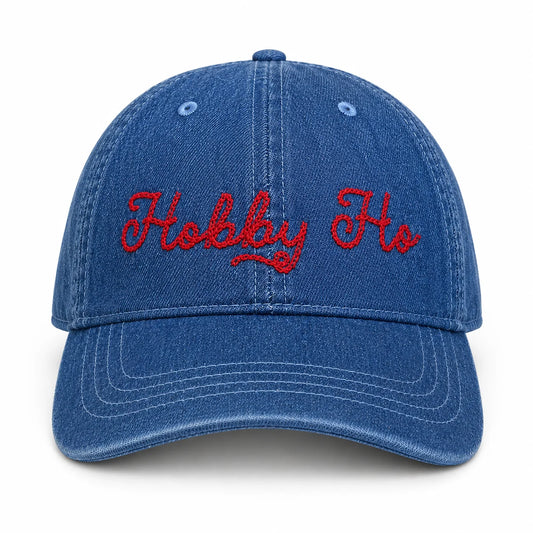Hobby Ho- Medium Denim Hat, Red Chain Stitch