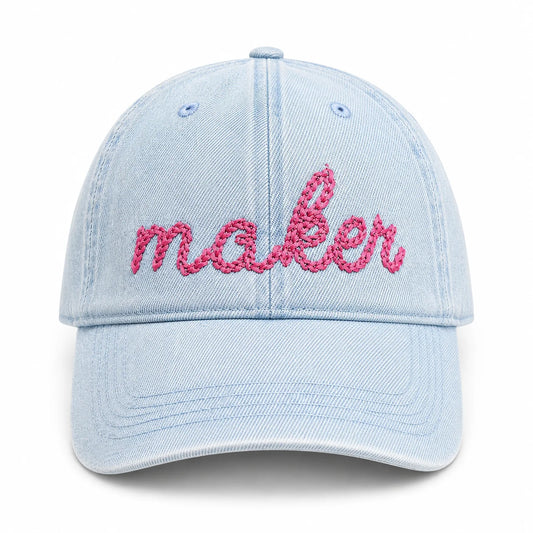 Maker- Light Wash Denim Hat, Pink Chain Stitch